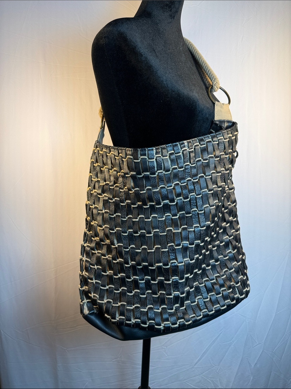 Chico's Black Leather and Cream Woven Shoulder Bag